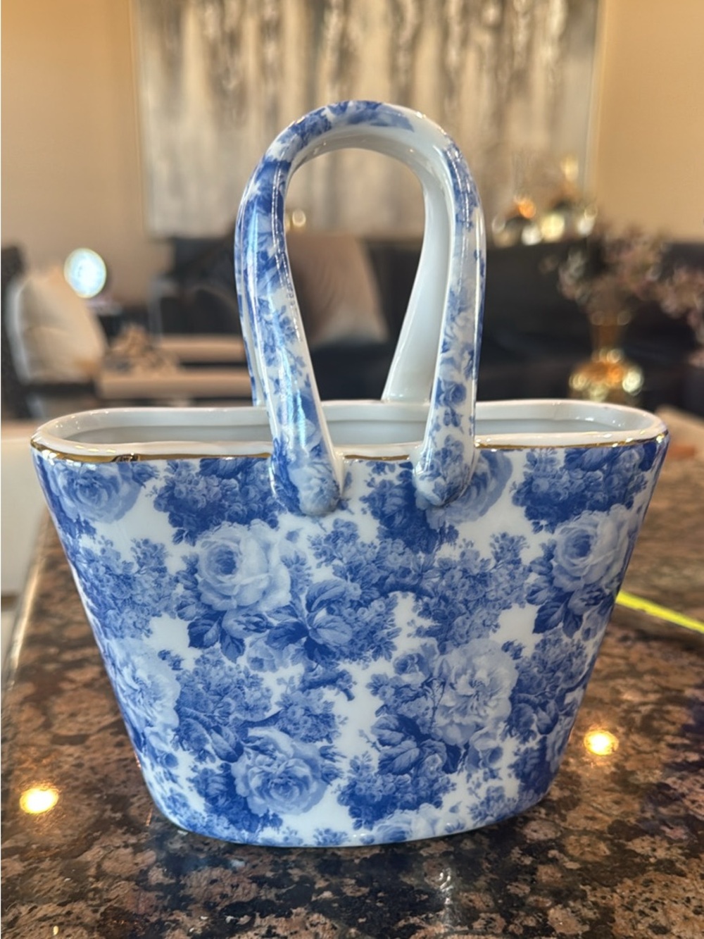 Vintage Blue and White Rose Chintz Porcelain Basket Purse Vase Gold Trim